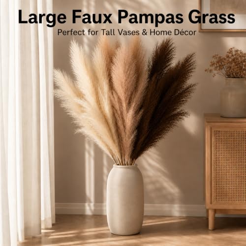 Artificial Pampas Grass Set 45 Inch Tall | Dark Brown & Beige 9 Pieces - Elegant Faux Decor