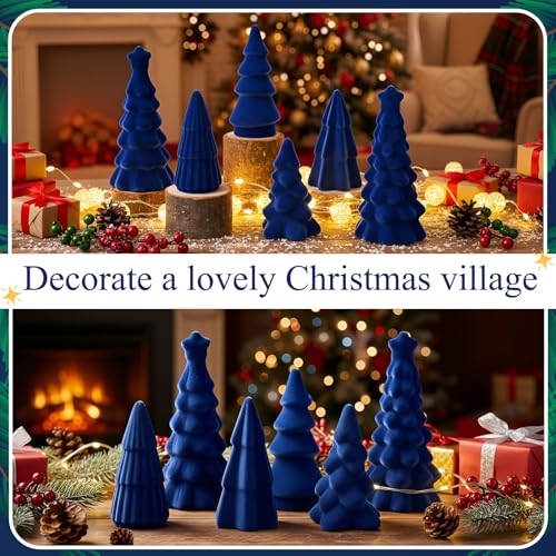 Bucherry Blue Christmas Ceramic Velvet Tree Set - 6 Pcs, 3 Sizes, Holiday Table Decor