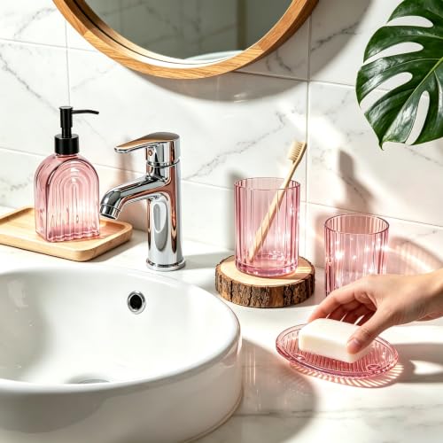 Glass Bathroom Accessories Set - 4 Piece Pinkish Tumbler Soap Dispenser & Dish