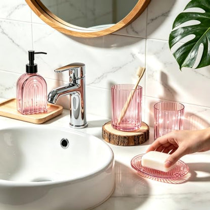 Glass Bathroom Accessories Set - 4 Piece Pinkish Tumbler Soap Dispenser & Dish