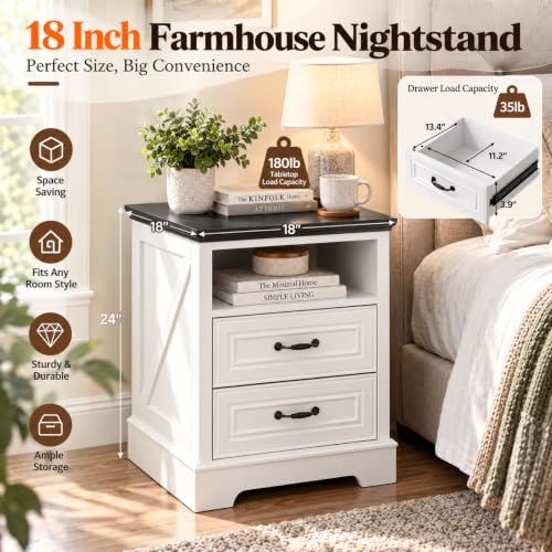 18" Farmhouse Nightstand with Charging Station - White, 2 Drawers | Variation: White / 1