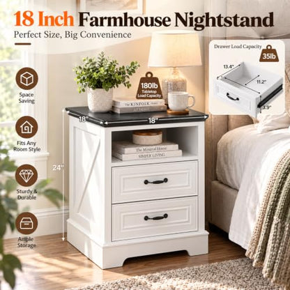 18" Farmhouse Nightstand with Charging Station - White, 2 Drawers | Variation: White / 1