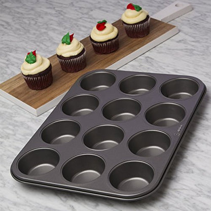 Ecolution Bakeins 12 Cup Muffin and Cupcake Pan – PFOA, BPA, and PTFE Free Non-Stick Coating – Heavy Duty Carbon Steel – Dishwasher Safe – Gray – 13.75” x 8.25” x 1.125”