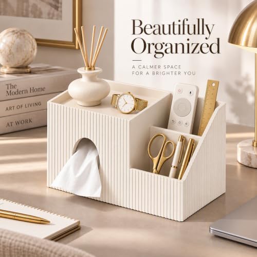 GORESE Leather Square Tissue Box Cover with Storage Tray - Ivory White