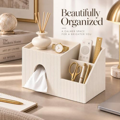 GORESE Leather Square Tissue Box Cover with Storage Tray - Ivory White