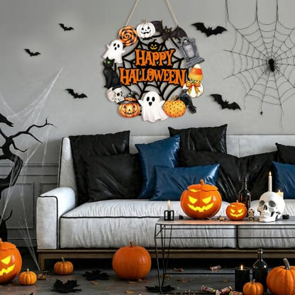 Halloween Wooden Ghost Door Wreath - Large Orange Halloween Decor for Front Door