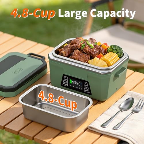Monteka Cordless Electric Lunch Box - Dark Green, Rechargeable Food Warmer with Scheduled Heating & Keep Warm Function