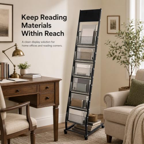6-Tier Metal Magazine Rack with Lockable Wheels - Heavy Duty Floor Book Organizer