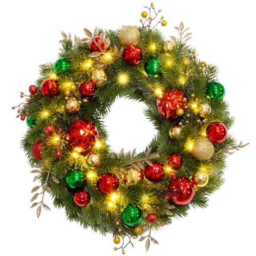 Christmas Door Wreath with LED Lights - Red Gold Green 16 Inch Holiday Decor