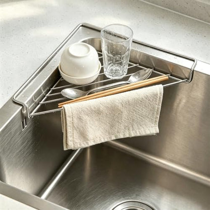 Sink Drain Organizer Rack with Raised Supports - Stainless Steel Corner Shelf A