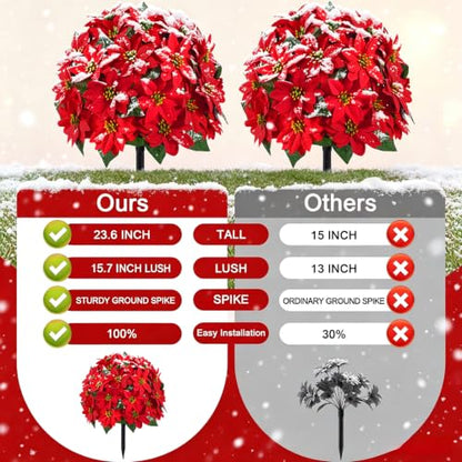 Artificial Poinsettia Topiary Trees - Red Holiday Outdoor Decor - 24 Inches - 2 Pack
