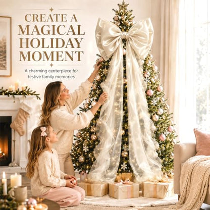 JOICEE Large Champagne Glitter Satin Christmas Tree Topper Bow 20x59 Inch - Variation of Champagne