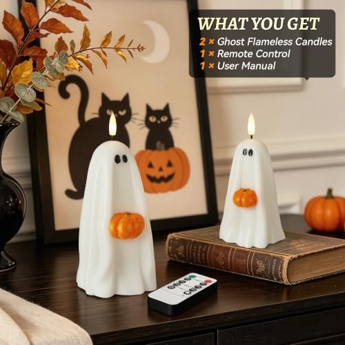 Halloween Ghost Flameless Candles with Pumpkin, Remote Control, Real Wax, Battery Operated Decor