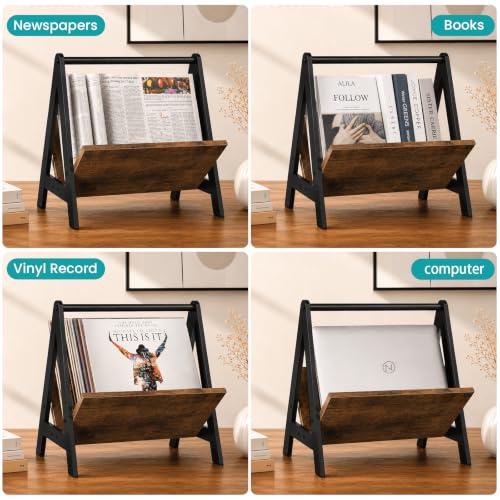 Wood Magazine Holder Floor Rack with Tilted Display and Anti-Slip Base