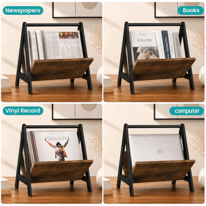 Wood Magazine Holder Floor Rack with Tilted Display and Anti-Slip Base