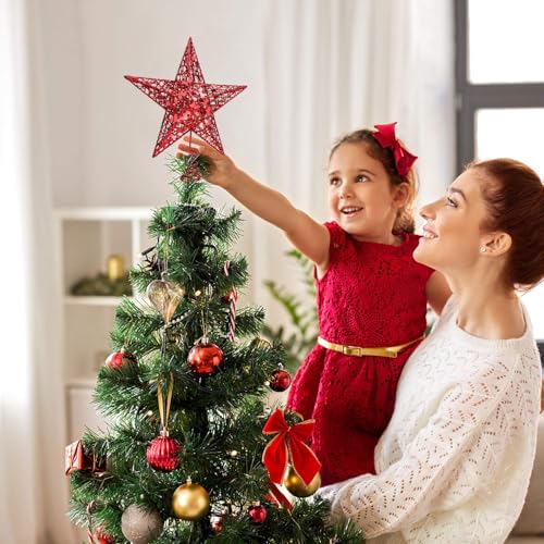 URATOT 8-Inch Red Glitter Christmas Tree Topper Metal Star Treetop Holiday Decoration