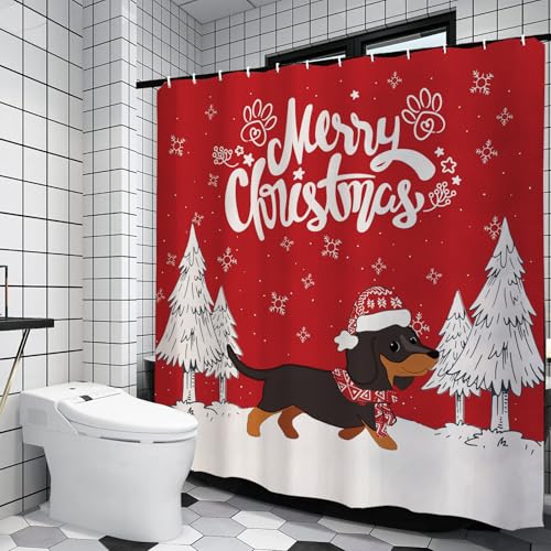 Dachshund Christmas Shower Curtain - 71x71 Inch Holiday Fabric Bath Decor Variation
