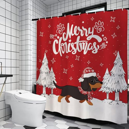 Dachshund Christmas Shower Curtain - 71x71 Inch Holiday Fabric Bath Decor Variation