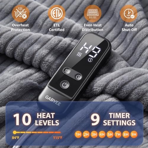 Garvee Light Gray Heated Blanket with Foot Pockets, 50x62 Electric Throw, Reversible Ribbed & Sherpa