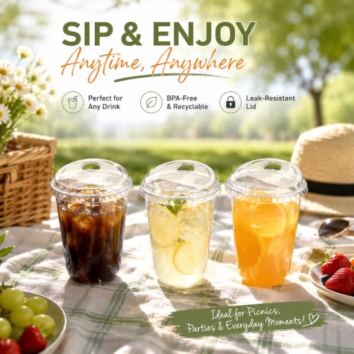50 Pack 16 oz Clear Plastic Cups with Strawless Sip Lids for Cold Drinks