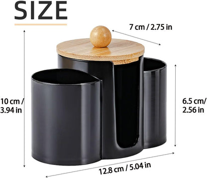 Q-Tip Holder by [Brand Name] - 3-in-1 Premium Bathroom Organizer with Dustproof Lid | Black Canister for Cotton Swabs, Balls, and Pads