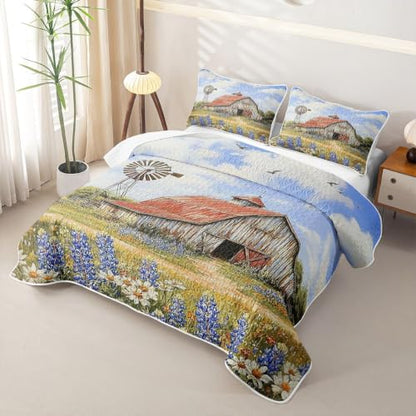Slate Navy Blue King Farmhouse Quilt Set with Pillowcases - Rustic Red Barn & Windmill Design