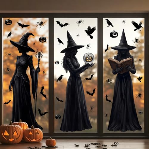 Halloween Witch Window Clings Set - Large 3 Sheets 49 Pieces, Reusable Decals
