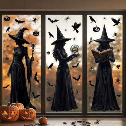 Halloween Witch Window Clings Set - Large 3 Sheets 49 Pieces, Reusable Decals