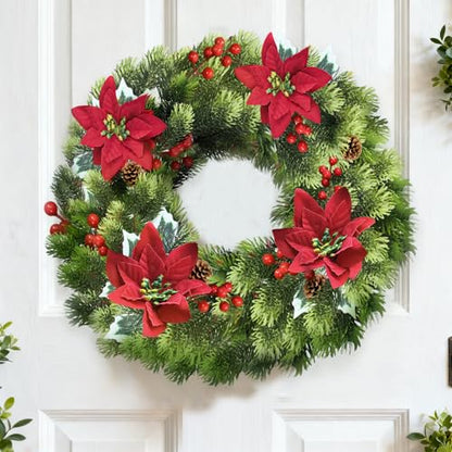 Artificial Christmas Poinsettia Flowers with Red Berries - Red & Green, 12 Pcs