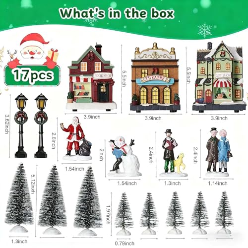 Christmas Village Set with LED Lighted Houses & Figurines - 17 Pieces for Holiday Decor