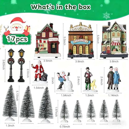 Christmas Village Set with LED Lighted Houses & Figurines - 17 Pieces for Holiday Decor