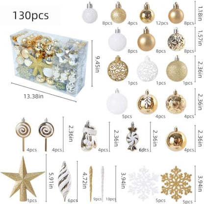 Shatterproof Christmas Ornaments Set - Red White Candy Cane Gold Variation, 130 Pieces