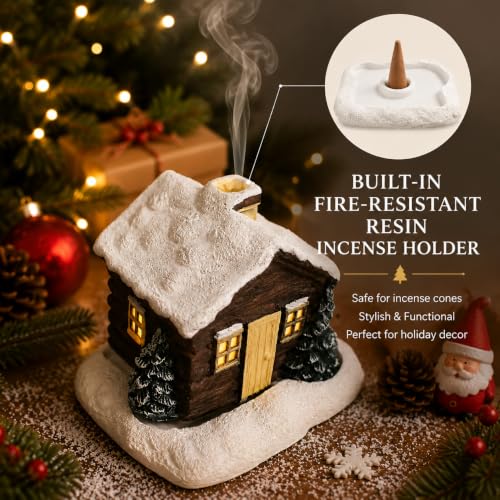 Snow Cabin Incense Burner with Fire-Resistant Resin Cottage Holder - Snow Hut Variation