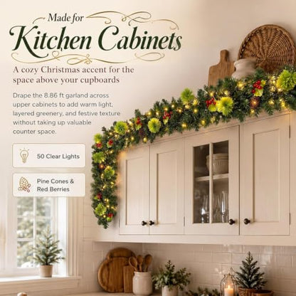 9FT Christmas Garland with Lights for Above Cabinets - Holiday Decor