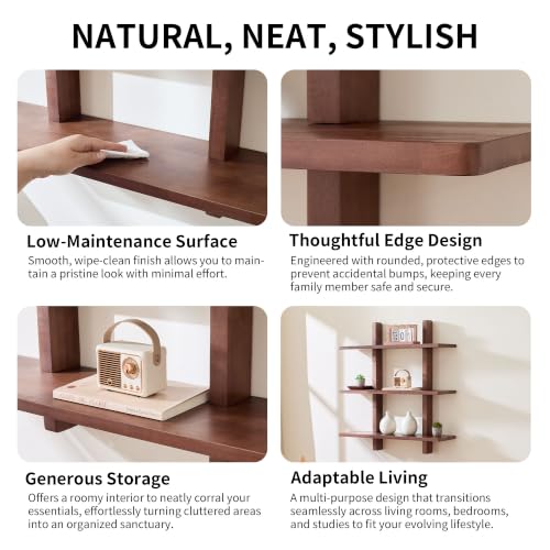 Brown 28 Inch x 31.5 Inch 3-Tier Floating Wall Shelf - Heavy Duty Pine Wood