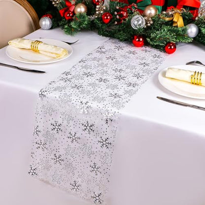 Silver Snowflake Table Runner 49 Feet - Sparkly Metallic Christmas Decor - Variation of Silver Snowflake / 49FT