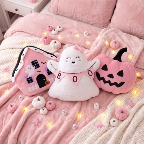 Pink Halloween Pumpkin Throw Pillows Set - Ghost & Boo Decor, 3 Pieces with Embroidered Details