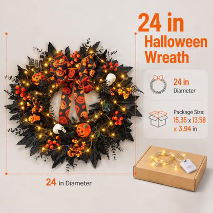 24-In Halloween Wreath for Front Door Black Skeleton Spider Web Decor
