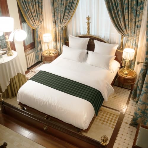 94x20 Inch King Size Satin Bed Runner Scarf - Green Black Buffalo Plaid Checkered