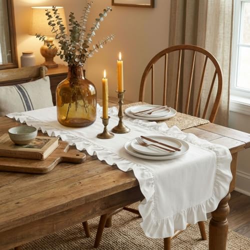 Farmhouse Ruffled Scalloped Table Runner 14 x 118 Inch White - Cotton Decor