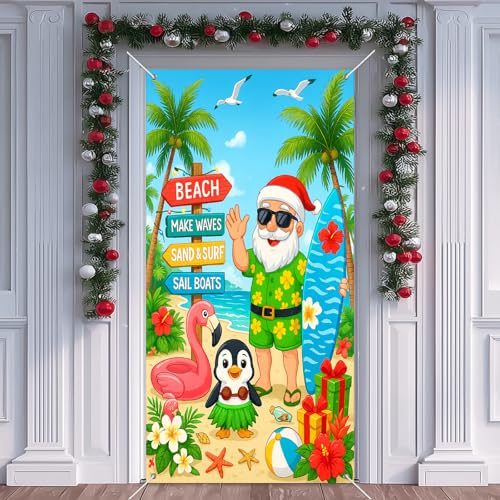 Christmas Surfboard Santa Door Cover Banner - Beach Santa Penguin Holiday Style 71x35