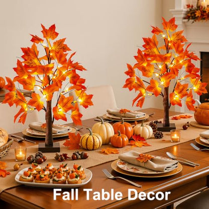 OLANRUN 2 Pack 24-Inch Lighted Fall Maple Trees with 48 LED Warm Lights & Leaves