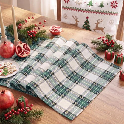 Softalker Christmas Checkered Table Runner - Green & White, 13x90 Inch - Plaid Holiday Decor