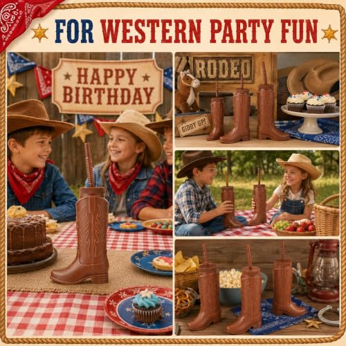 Brown Cowboy Boot Cups with Lids & Straws - 11oz Western Party Set - 12 Pack