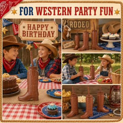 Brown Cowboy Boot Cups with Lids & Straws - 11oz Western Party Set - 12 Pack
