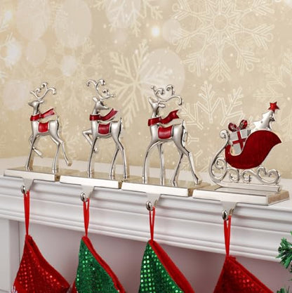 Reindeer Stocking Hangers and Sleigh Hooks Set - Christmas Fireplace Decor - Red Reindeer Variation