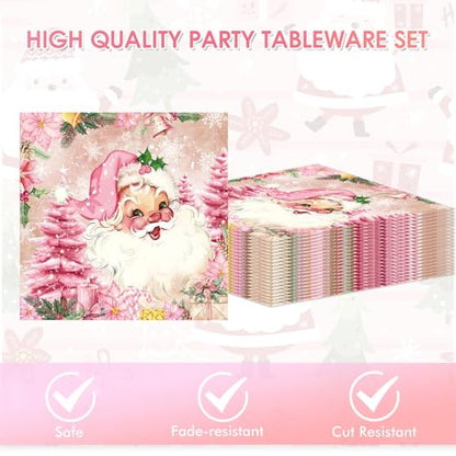 Christmas Party Set 20 Pcs Pink Holiday Plates & Napkins - Merry Christmas Theme, Winter Decor, Disposable Tableware - Variation: Christmas Party Set-1