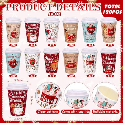 Christmas 16 Oz Hot Cocoa Coffee Cups with Lids - 120 Pieces