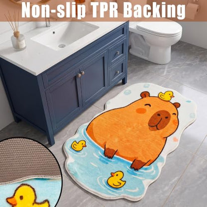 J-Capybara Bathroom Mat, Cute Plush Animal Rug with Ducks, 20x31.5 Inches