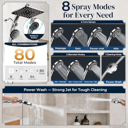 Chrome 10-Inch Square Shower Head with Handheld Multi-Pattern Spray